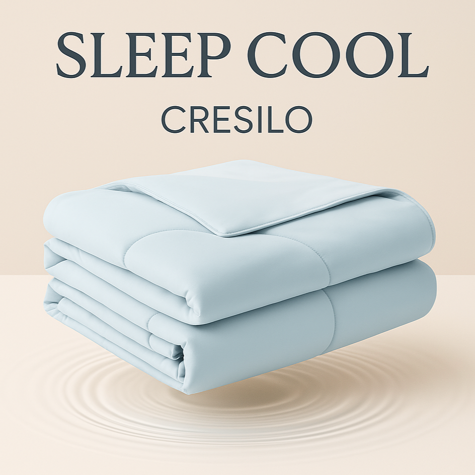 Folded light blue blanket with 'Sleep Cool Cresilo' text on a beige background